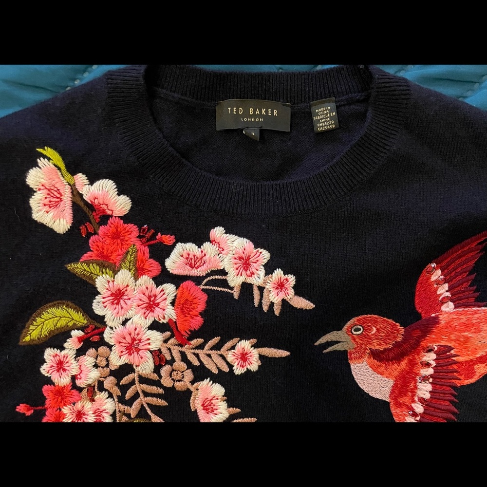Ted Baker London Bird Blossom embroidered dark blue wool sweater